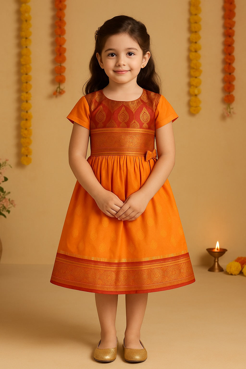 Girls Woven Zari Short Sleeve Round Neck Ethnic Dress