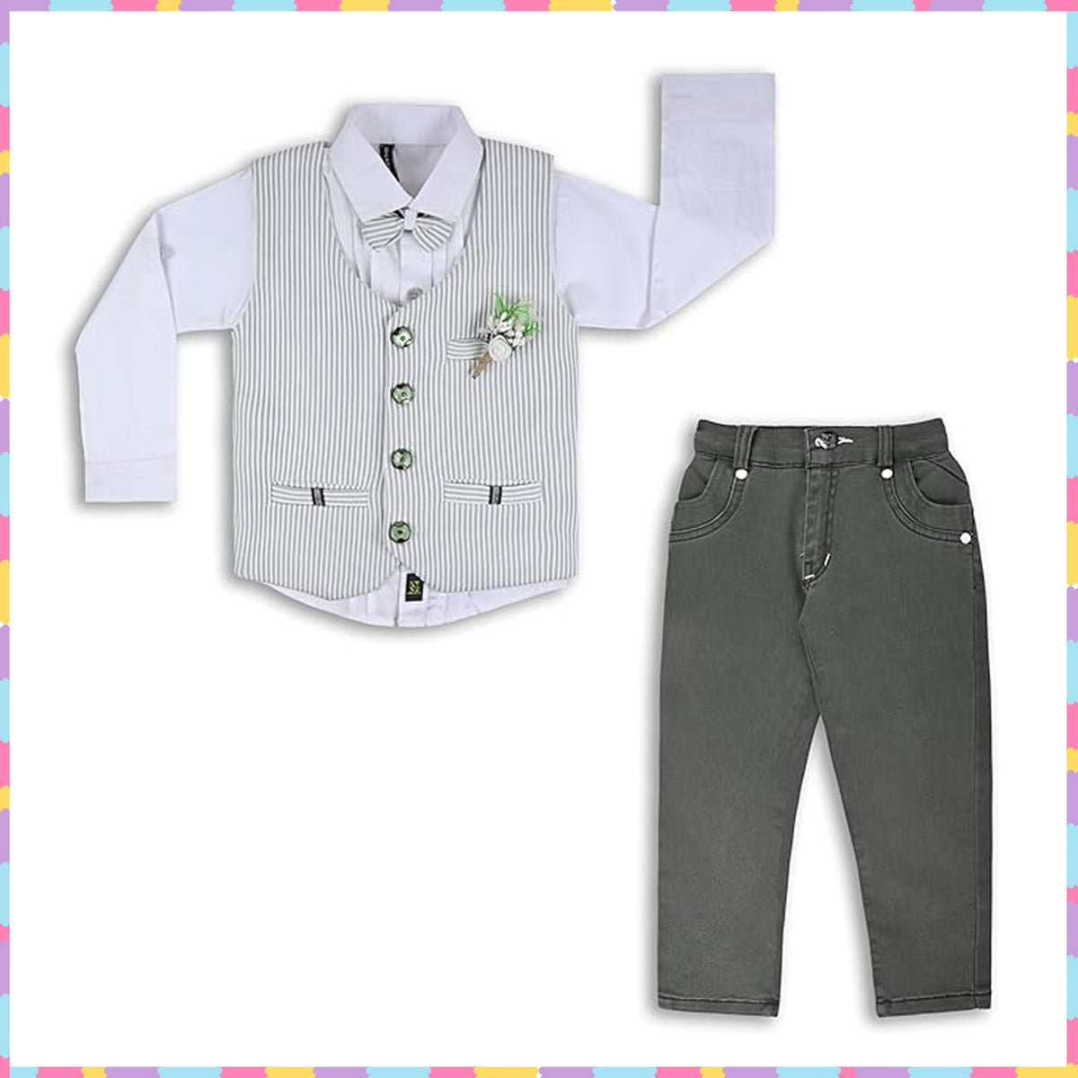 Boys 3 piece strip clothing set with bow tie