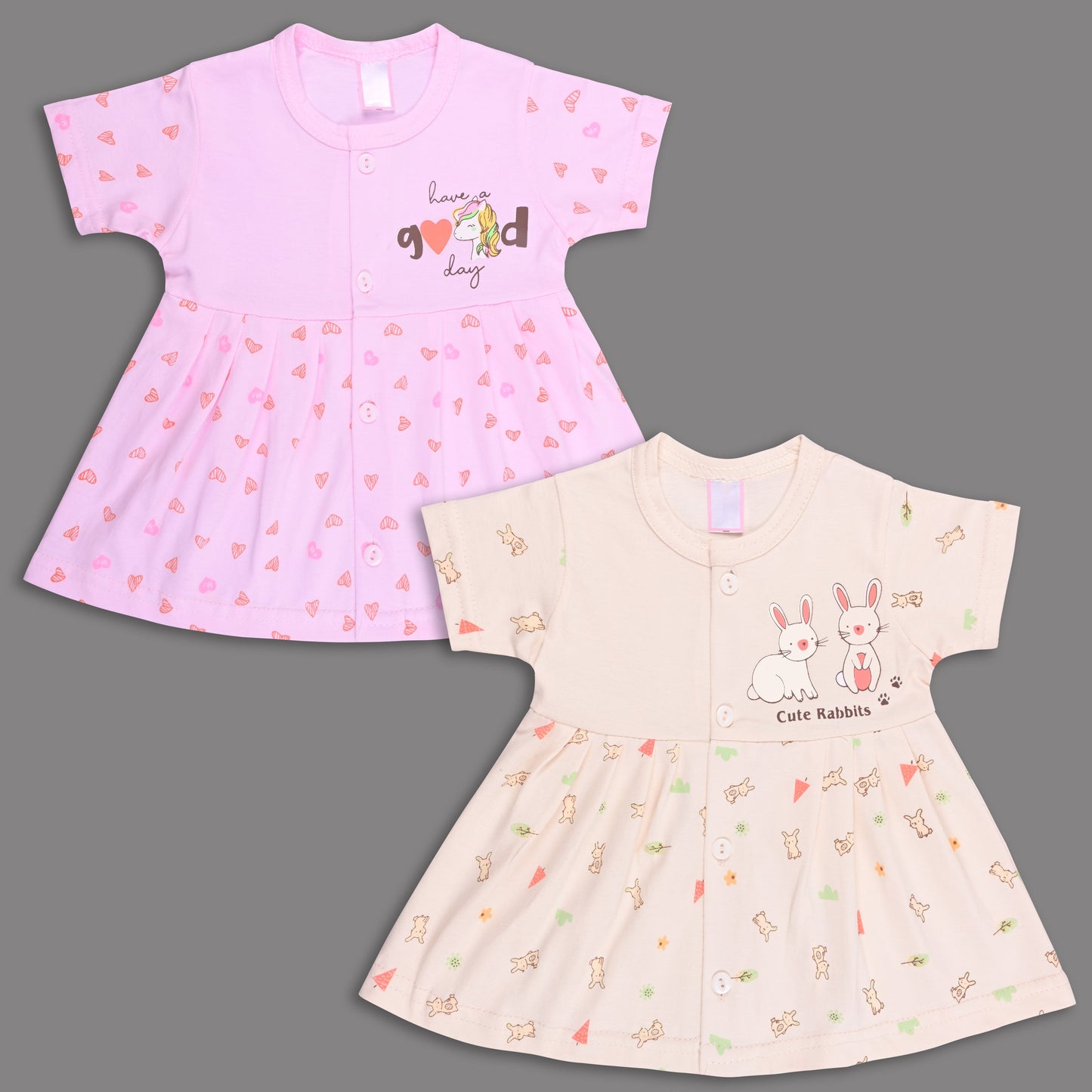 Baby Girls Hosiery Cotton Printed Frock Dress Combo (Pack of 2) – Pink & Cream Cartoon Print