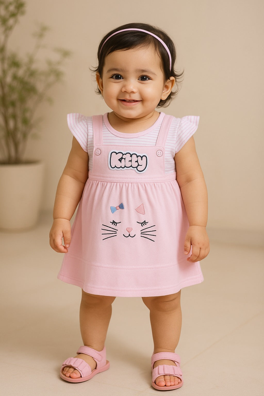 Girls Stripes and Embroidered Cap Sleeve Frock Dress comes With brief.