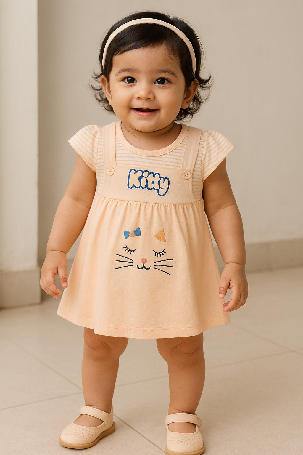 Girls Stripes and Embroidered Cap Sleeve Frock Dress comes With brief.