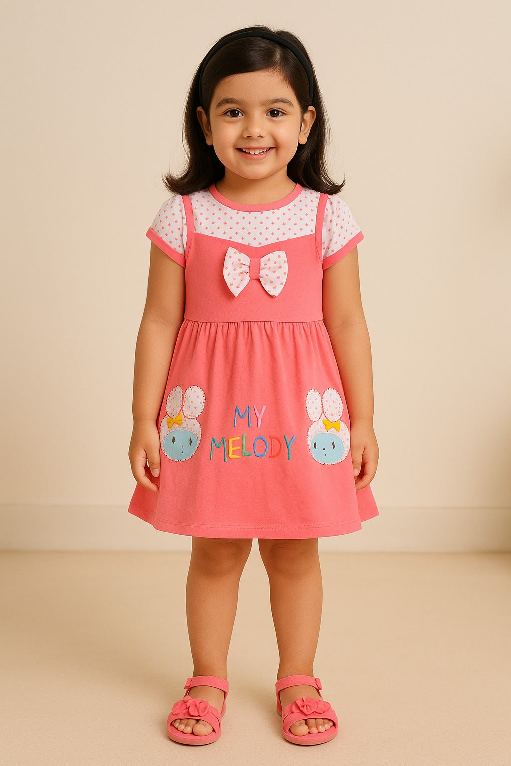 Girls Embroidered Cartoon Bow Cotton Casual Dress