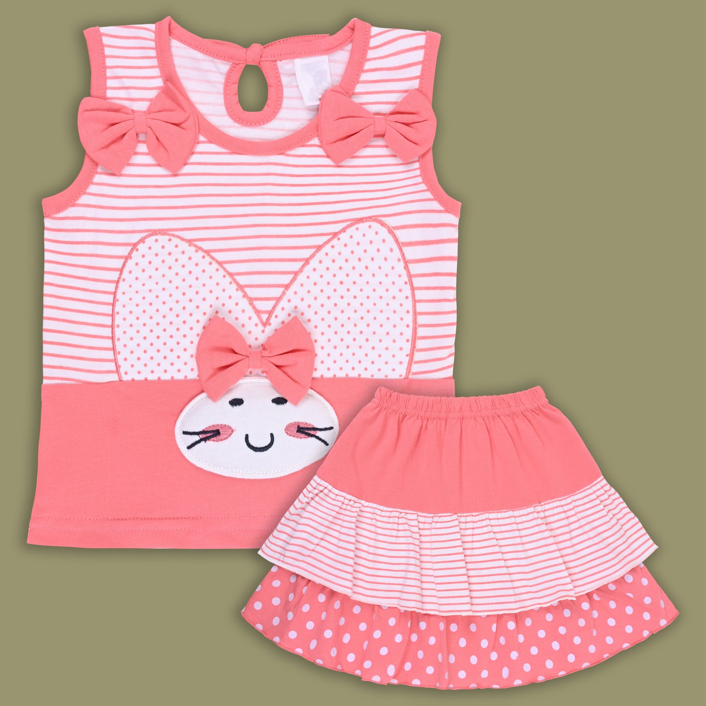 Girls Bow Cartoon Print Top & Skirt Summer Co-ord Set