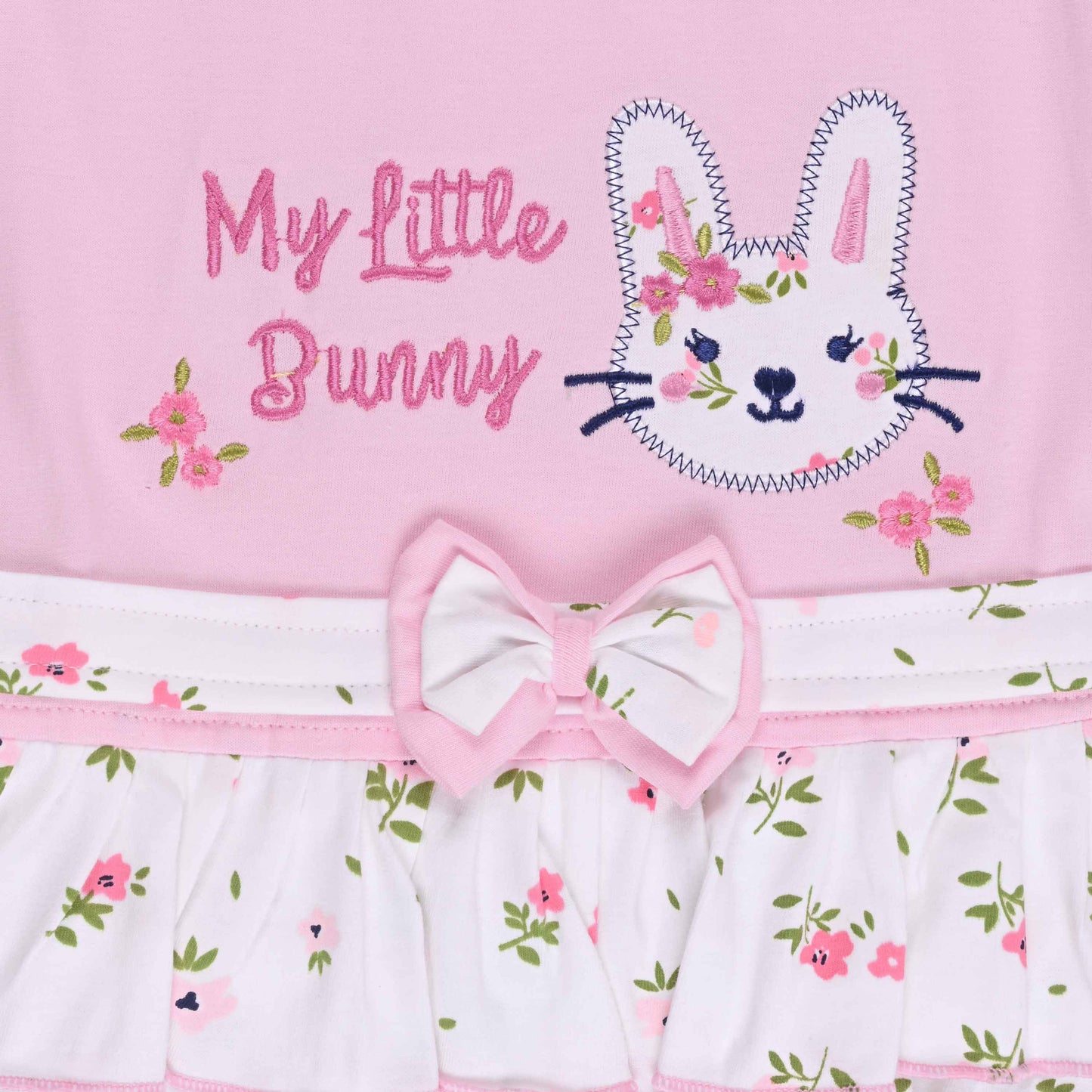 Girls Bunny Embroidered Bow Layered Cotton Casual Dress