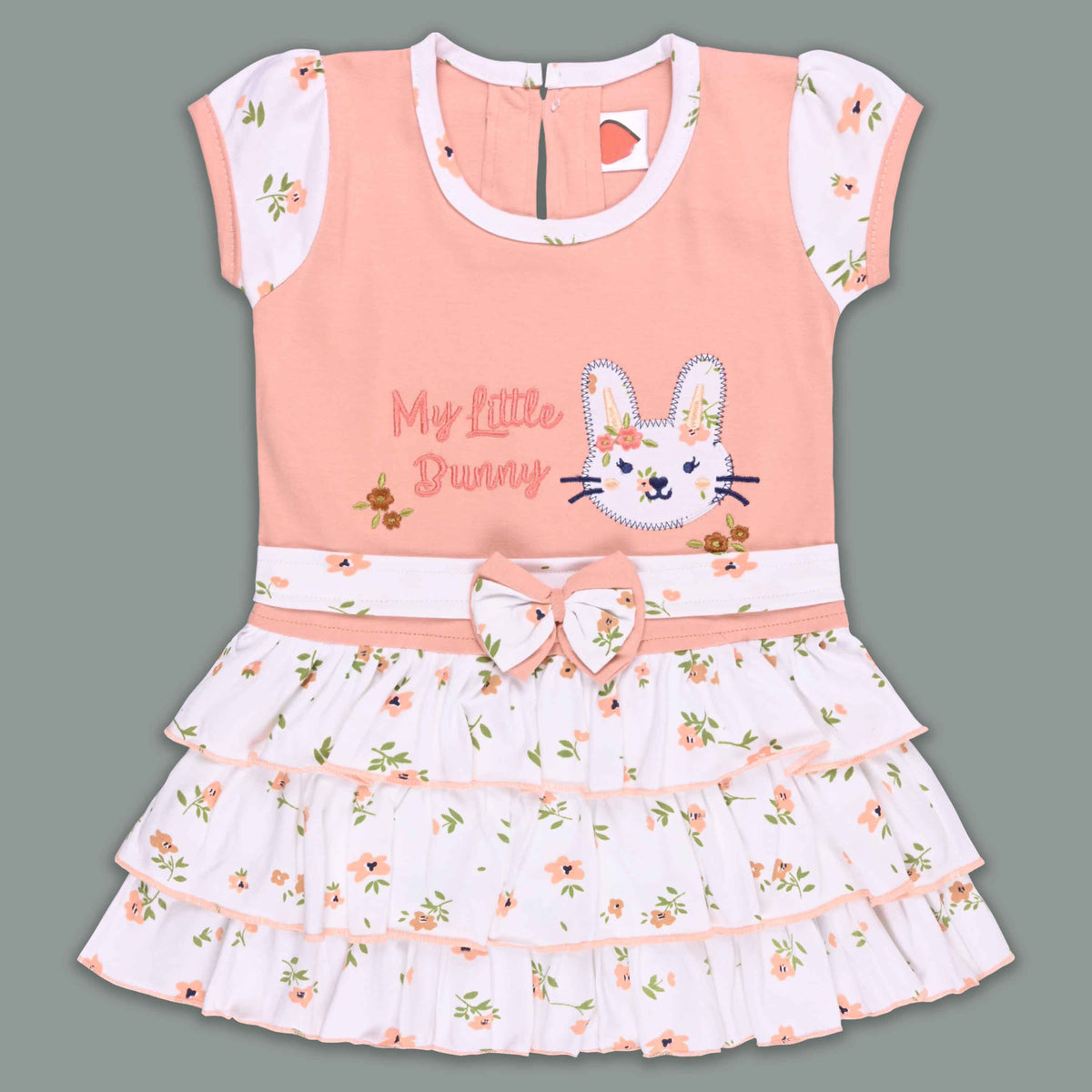 Girls Bunny Embroidered Bow Layered Cotton Casual Dress