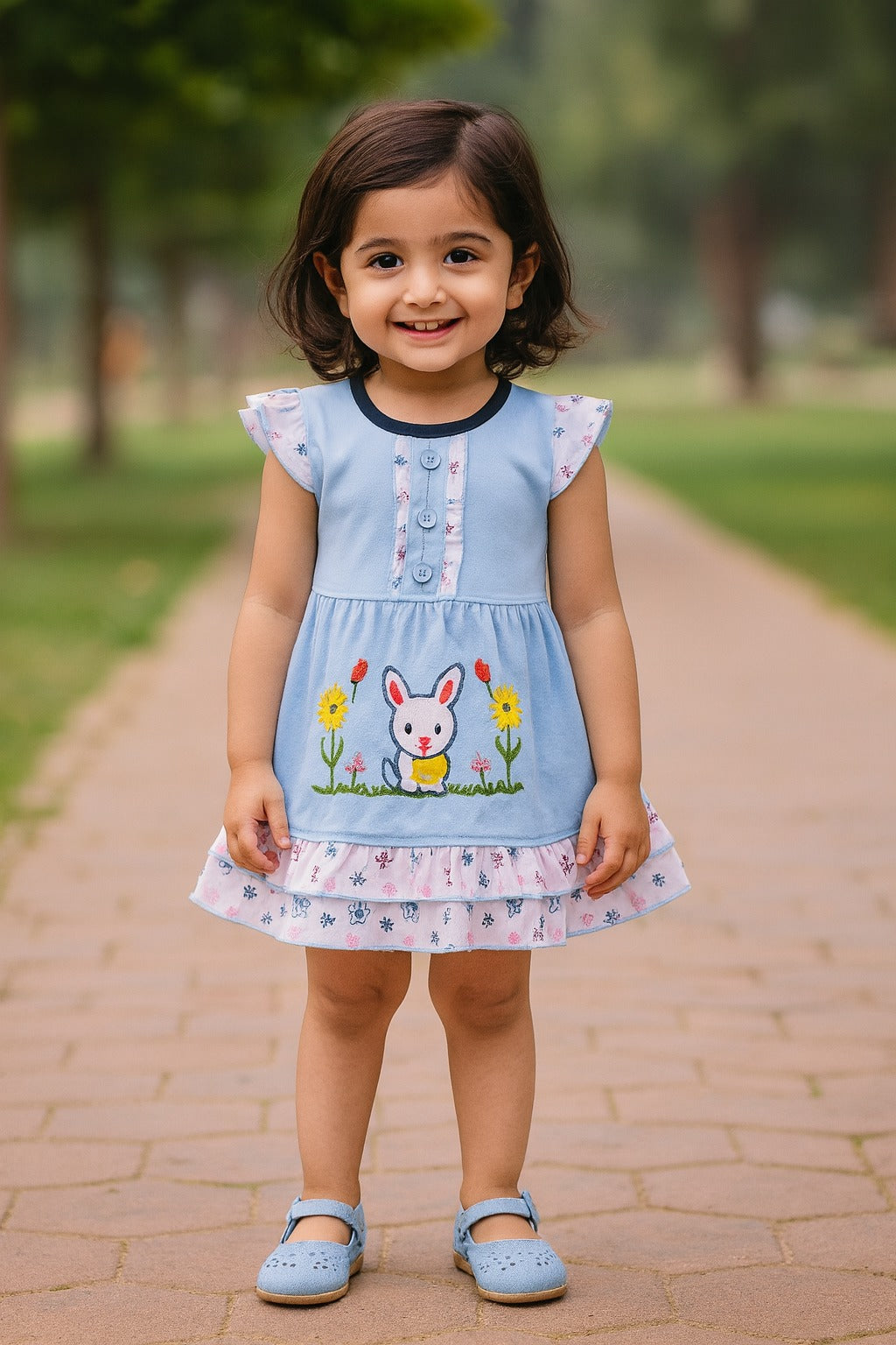 Girls Embroidered Cap Sleeve Frock Dress With Brief