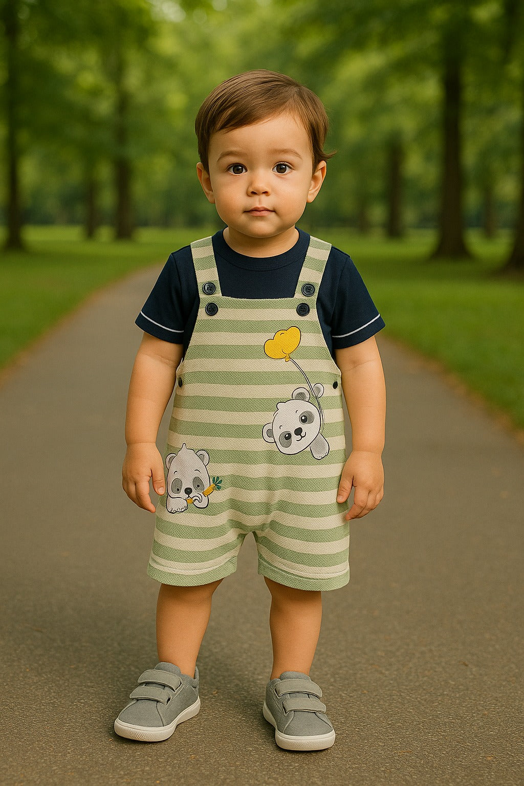 Baby Boys Striped and Printed T-Shirt and Shorts Dungaree Set