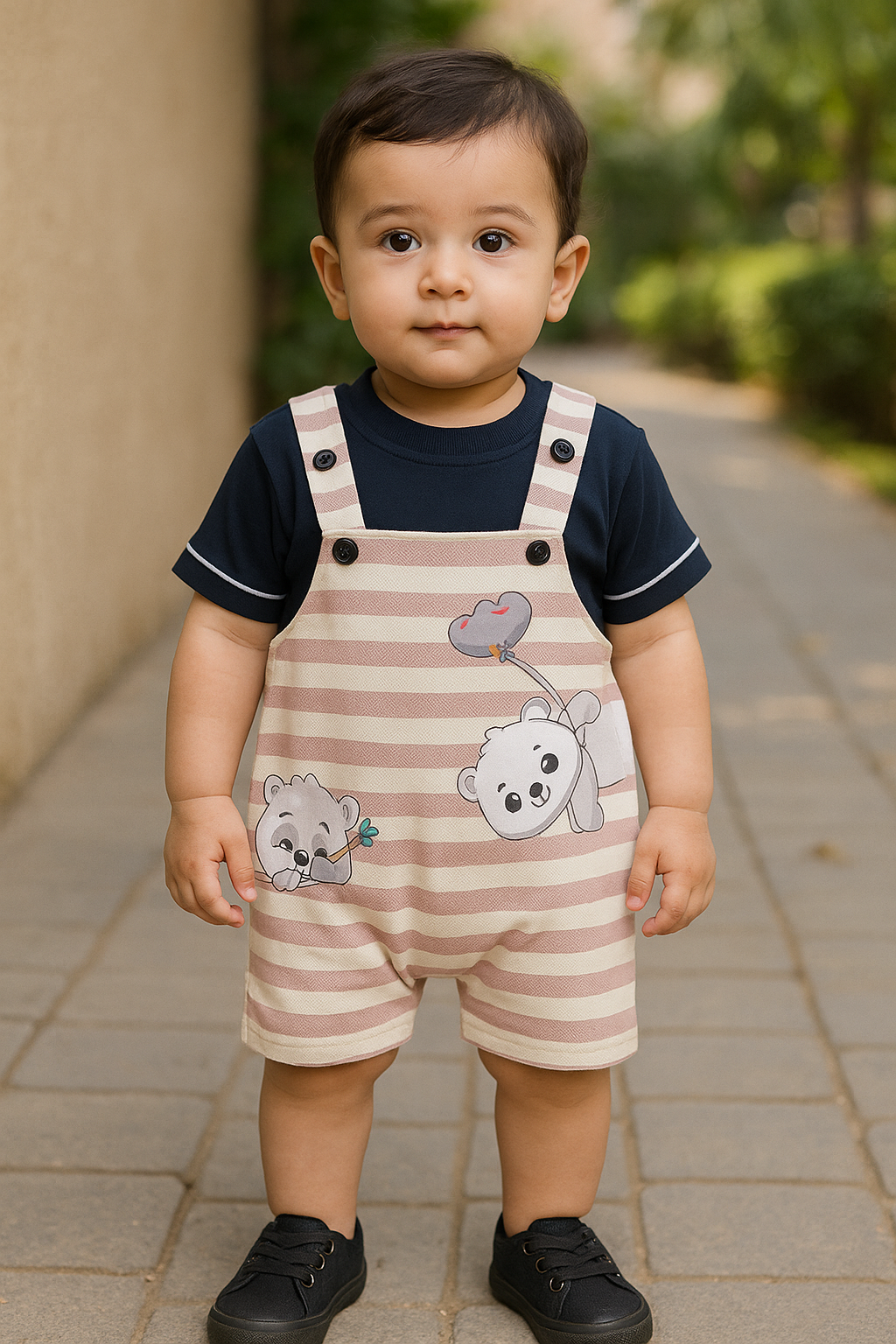 Baby Boys Striped and Printed T-Shirt and Shorts Dungaree Set