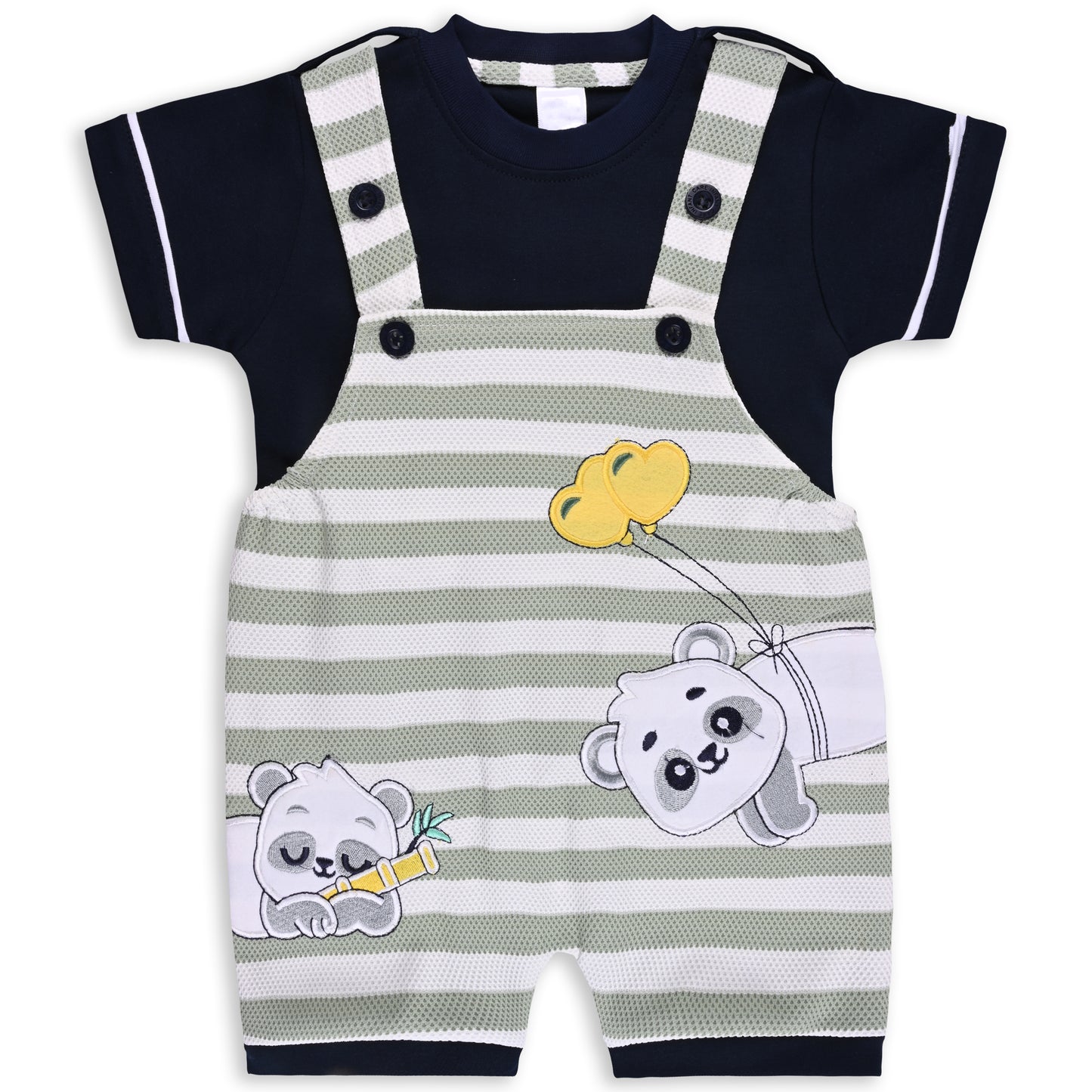 Baby Boys Striped and Printed T-Shirt and Shorts Dungaree Set