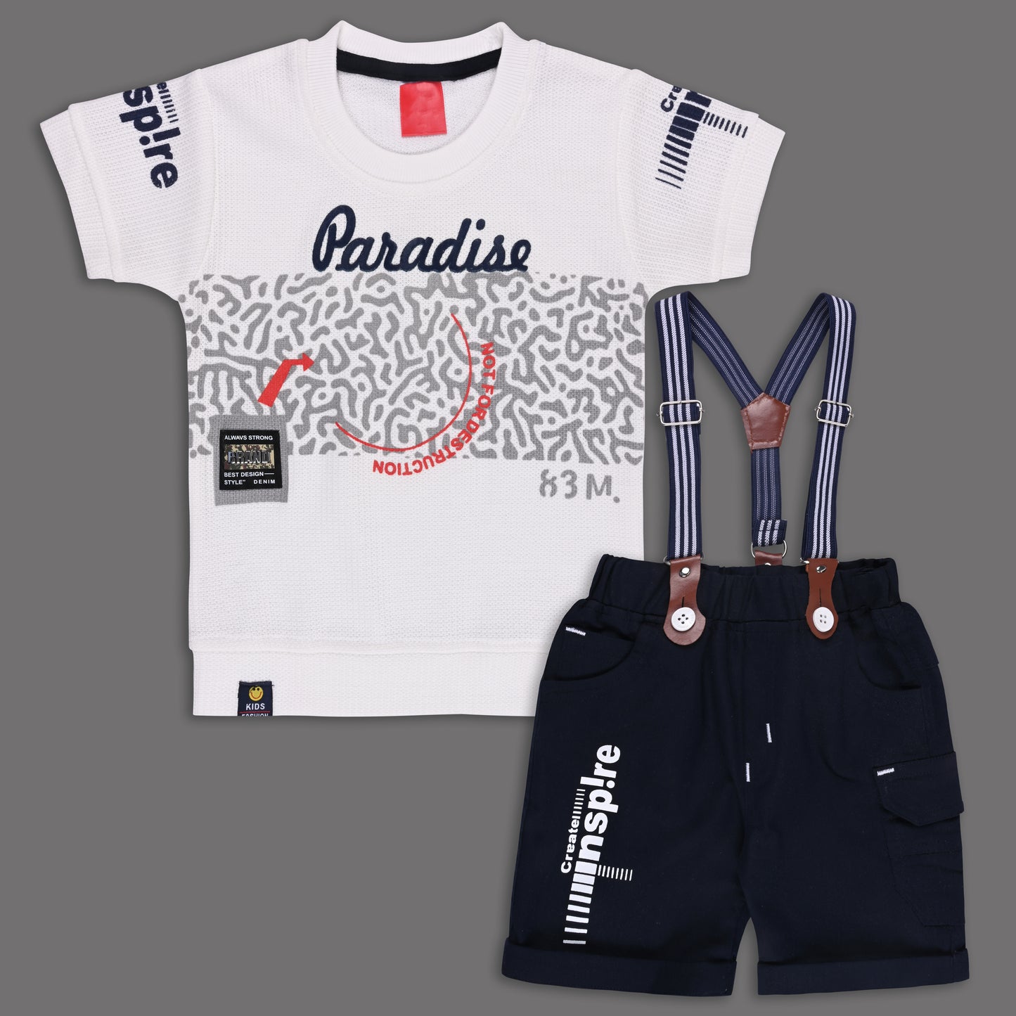 Boys Cotton Printed T-shirt and Suspender Dungaree Set btp838
