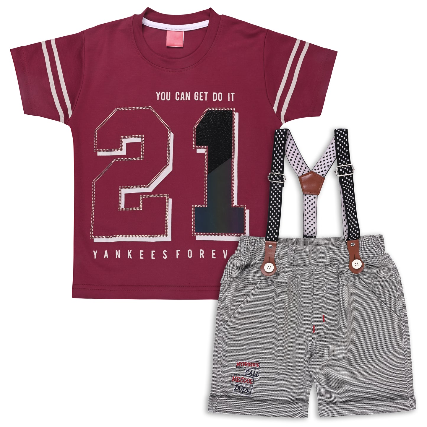 Boys Cotton Printed T-shirt and Suspender Dungaree Set