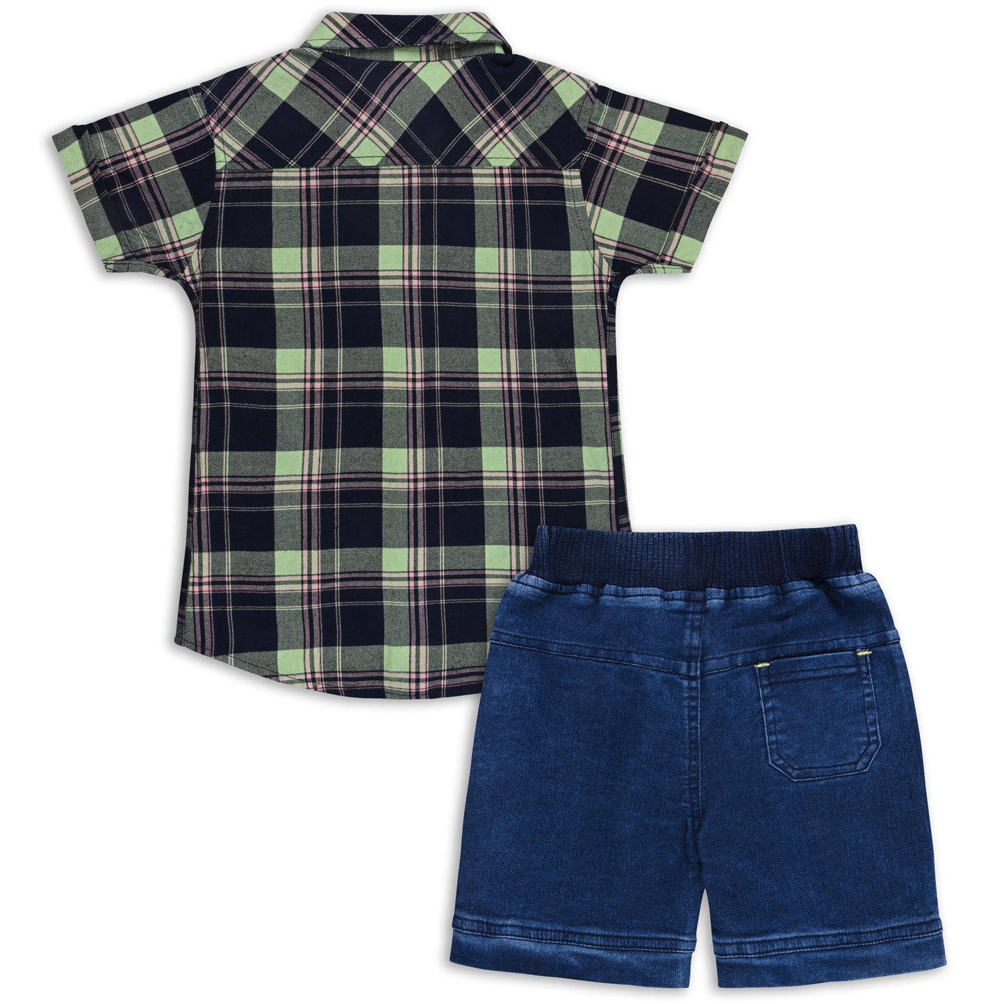 Boys Classic Checkered Print Cotton Shirt and Denim Shorts Set