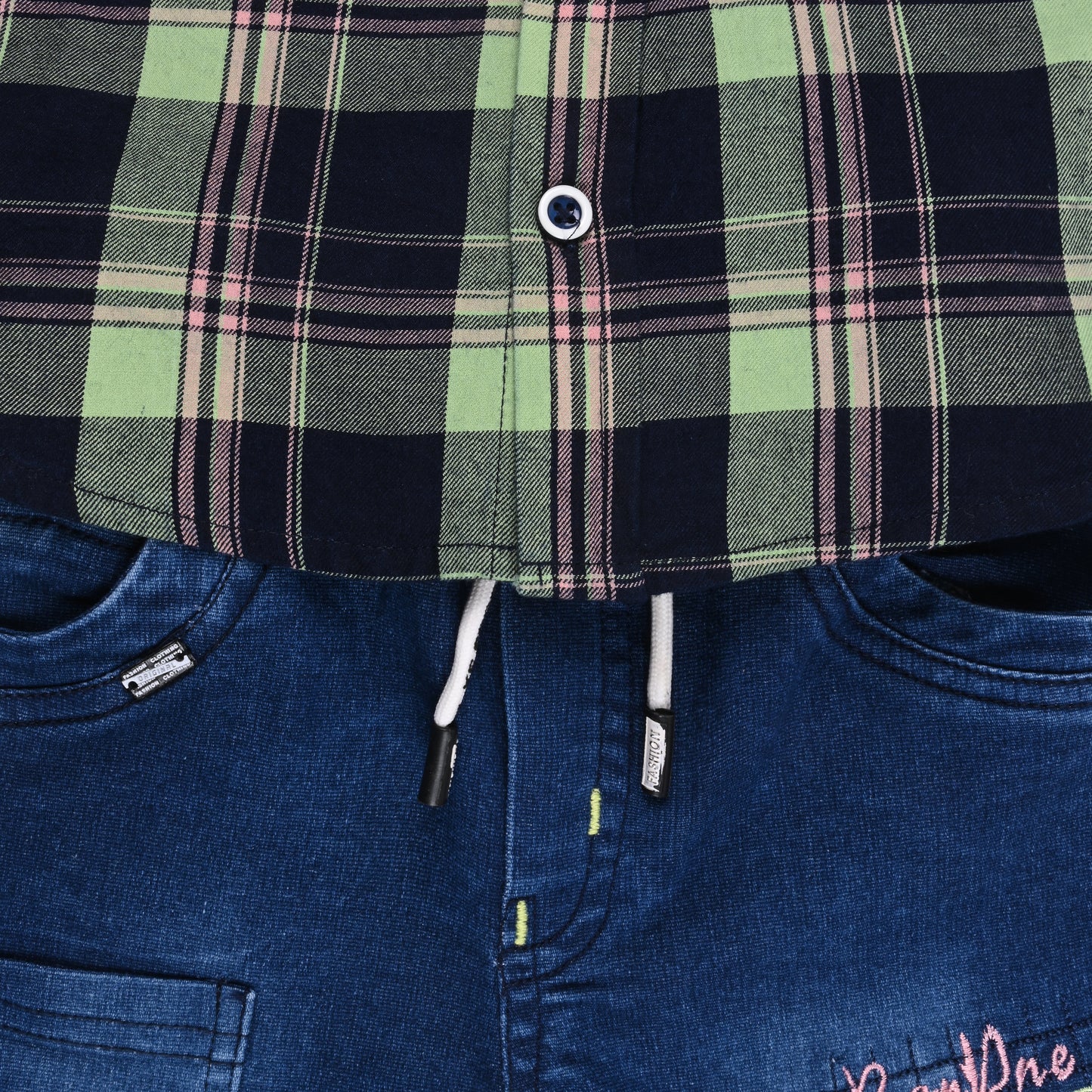 Boys Classic Checkered Print Cotton Shirt and Denim Shorts Set