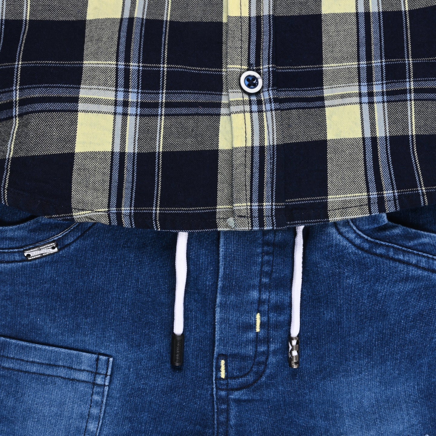 Boys Classic Checkered Print Cotton Shirt and Denim Shorts Set