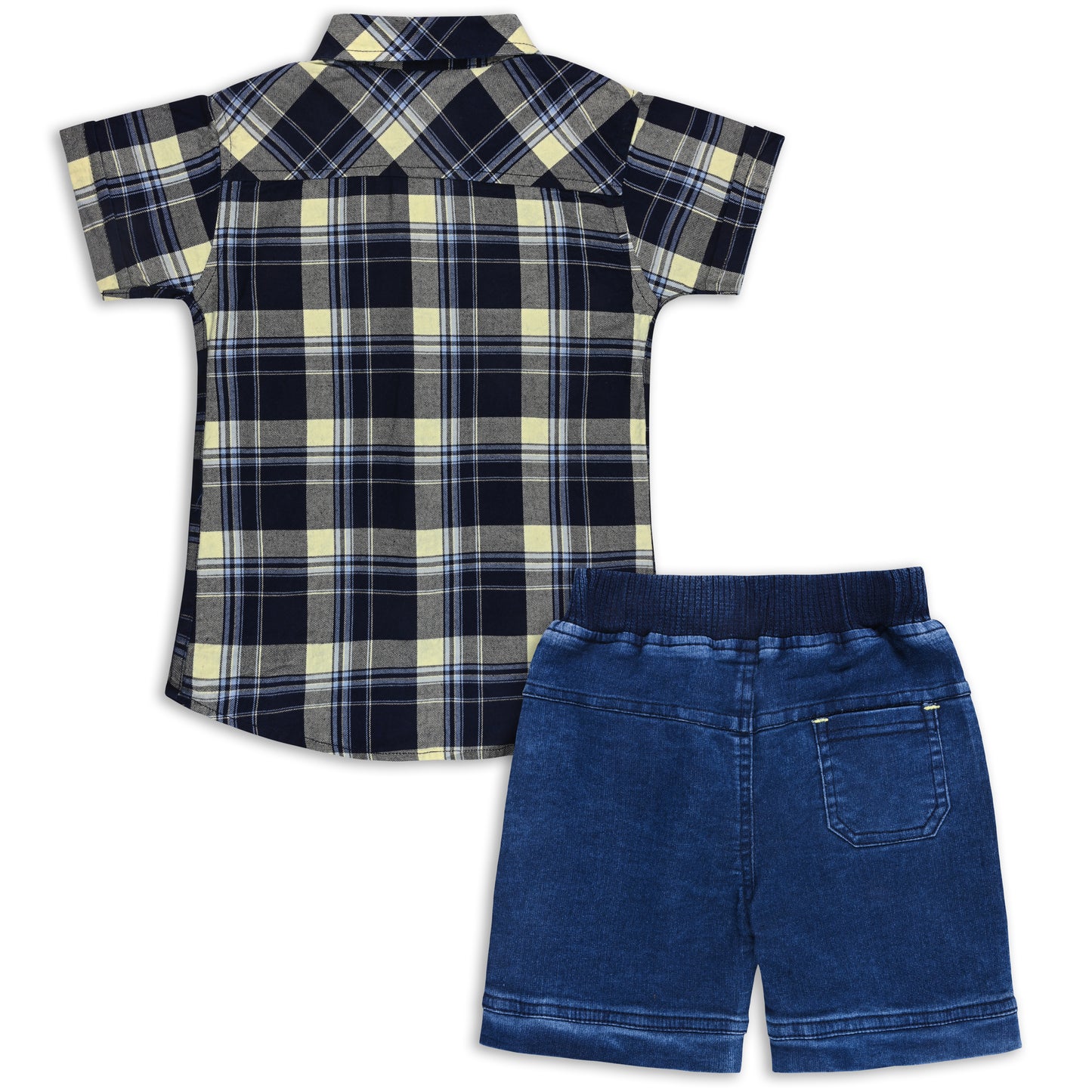 Boys Classic Checkered Print Cotton Shirt and Denim Shorts Set