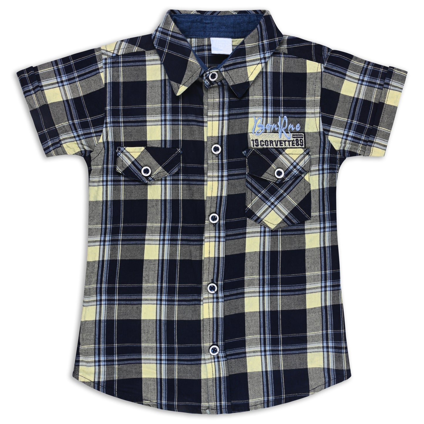 Boys Classic Checkered Print Cotton Shirt and Denim Shorts Set