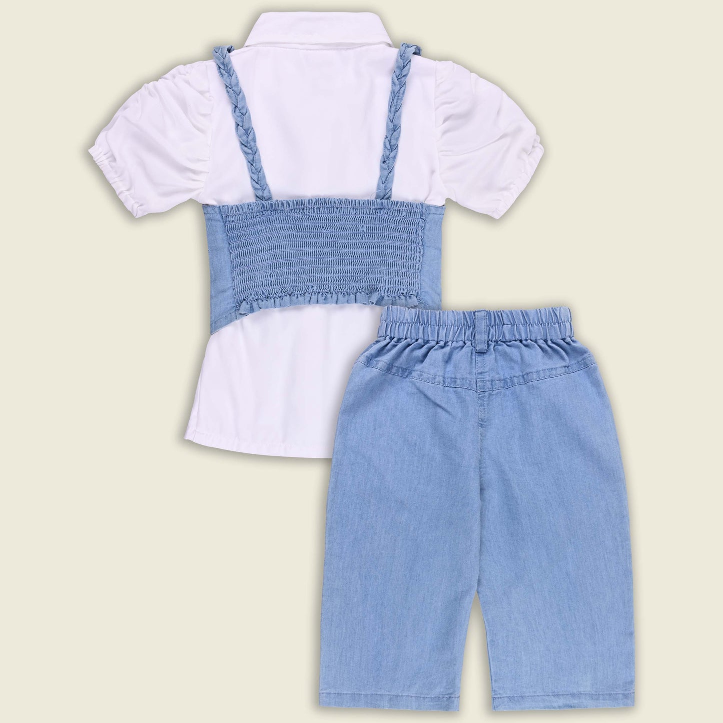 Girls Printed Denim Crop Top and Jeans with Shirt Set