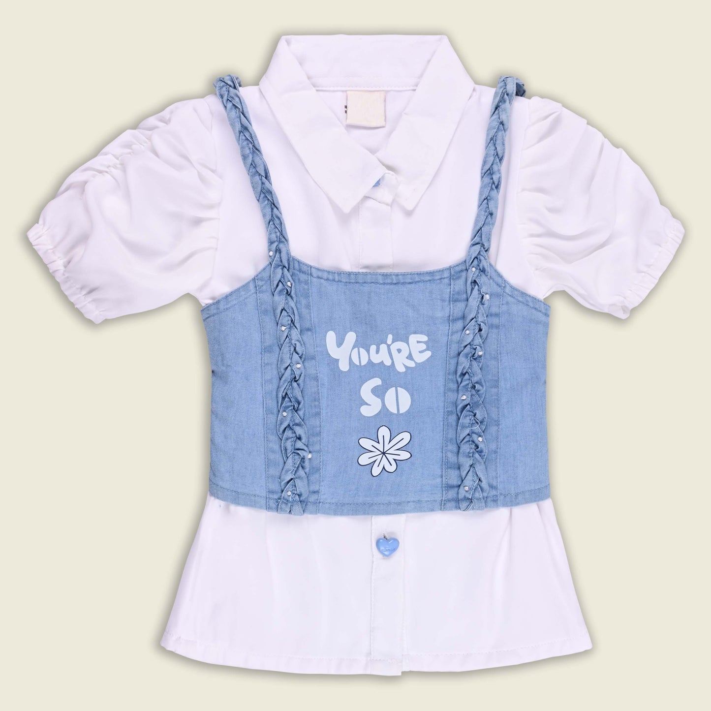 Girls Printed Denim Crop Top and Jeans with Shirt Set