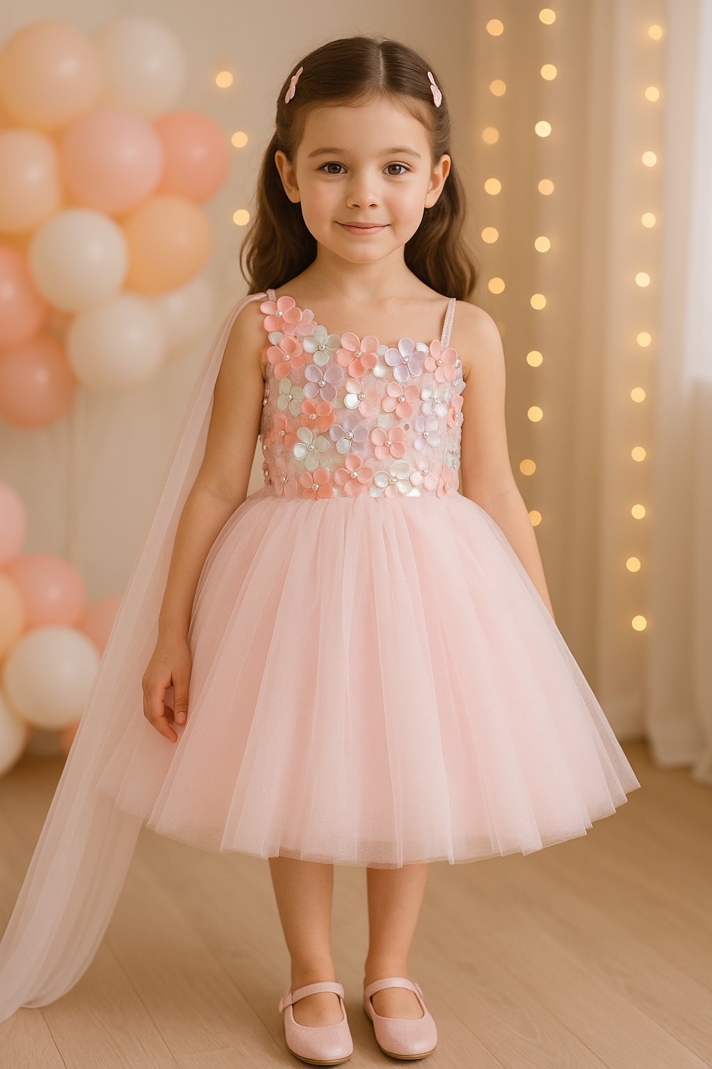 Girls Solid Net Fabric A-Line Frock Dress