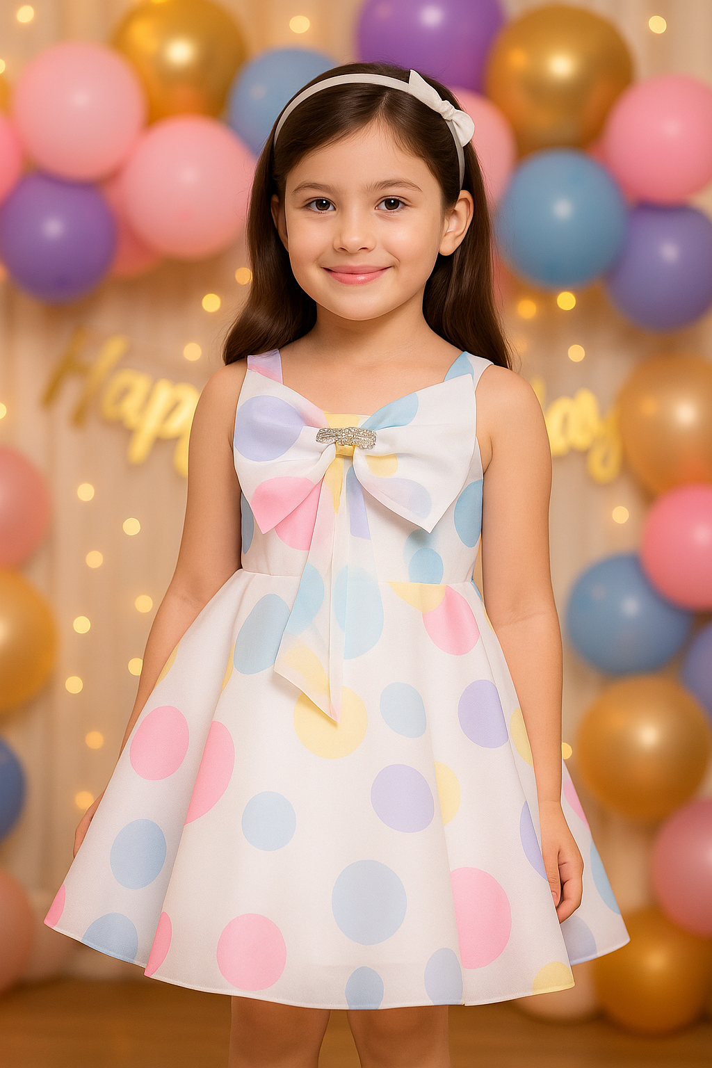 Girls Pastel Polka Print Elegant Bow Party Dress