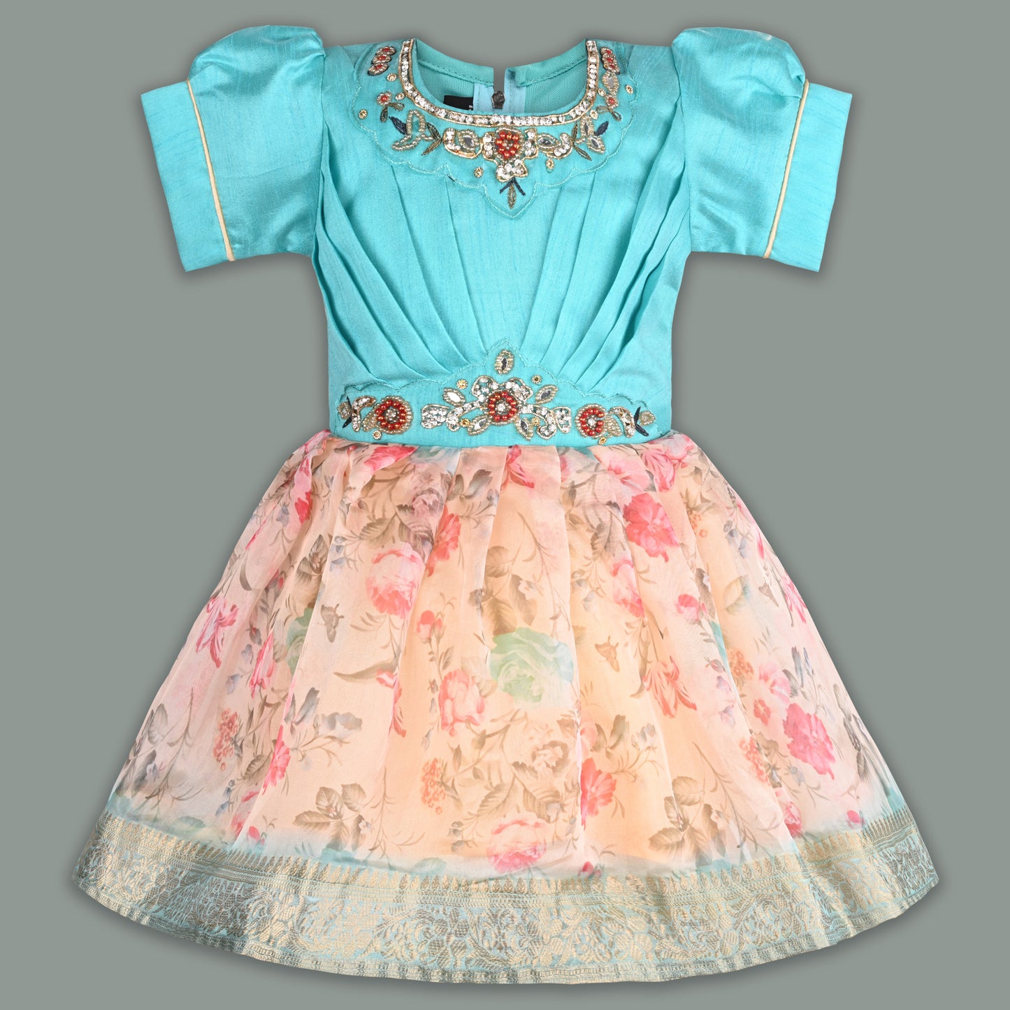 Girls Bead Embellished Floral Zari Ethnic Dress bxap492