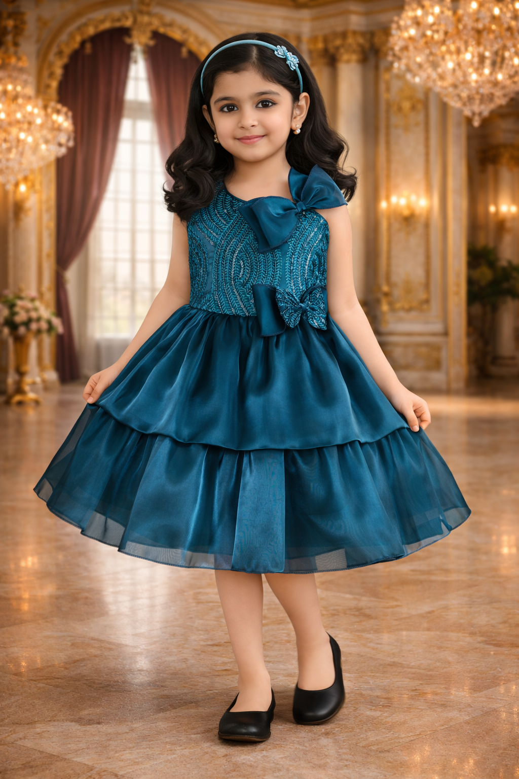 Girls Satin Layered Party Dress with Bow Design