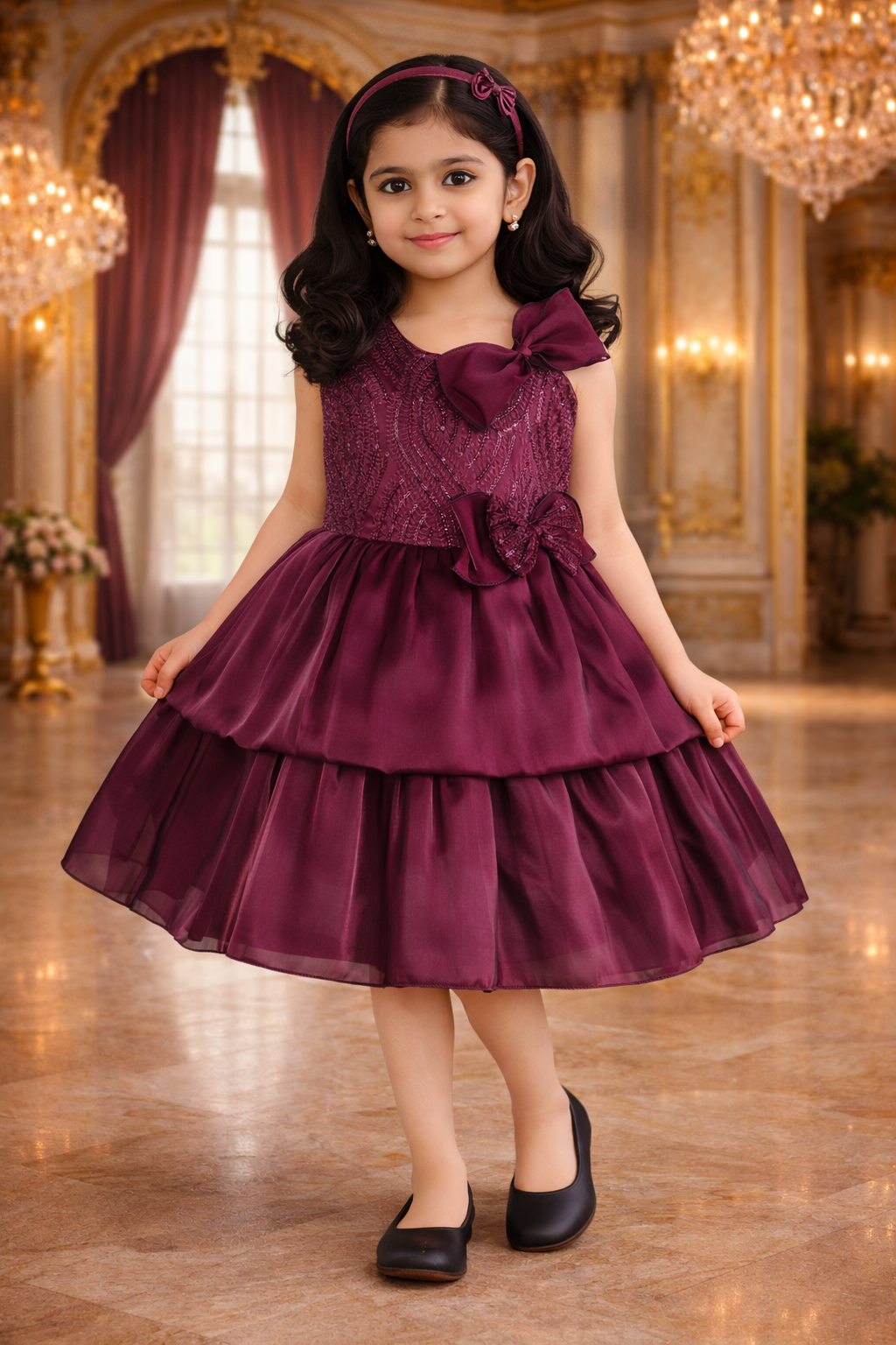 Girls Satin Layered Party Dress with Bow Design
