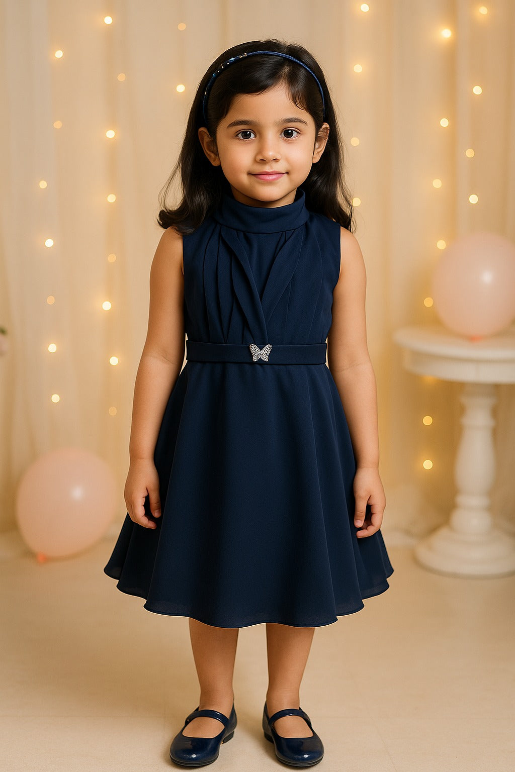 Girls Solid Pleated Fit and Flare Frock Dress