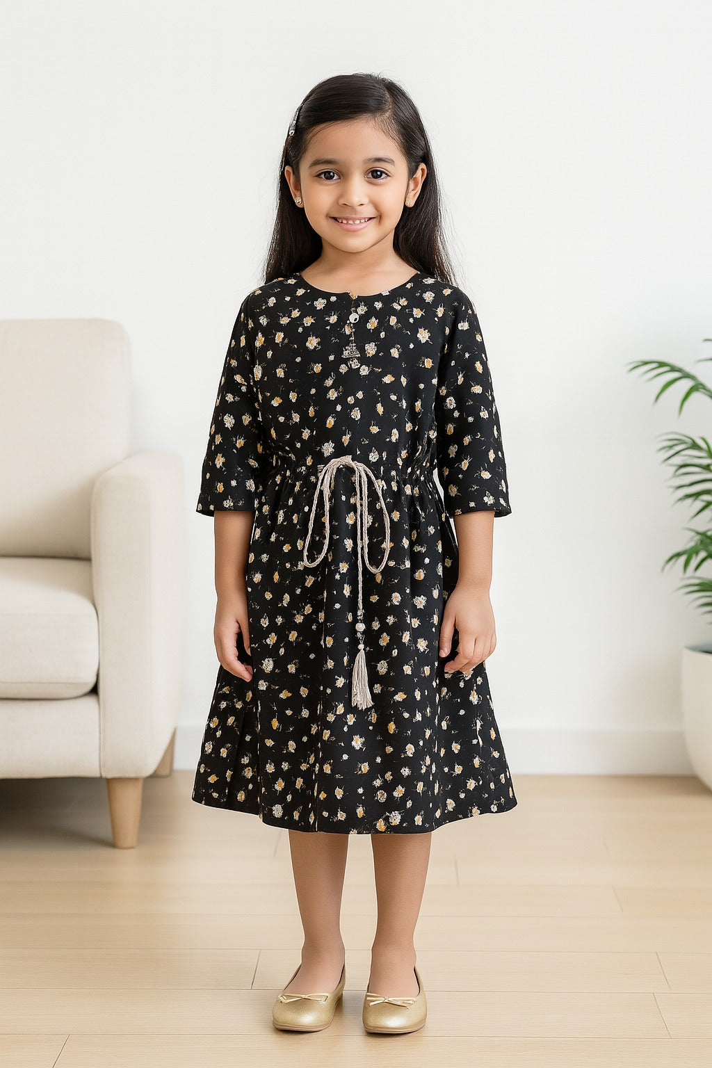 Girls Floral Print Flared Sleeve Casual Dress