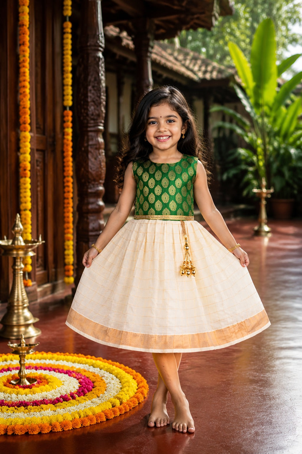 Baby Girls Traditional Onam Pattu Dress with Brocade Design