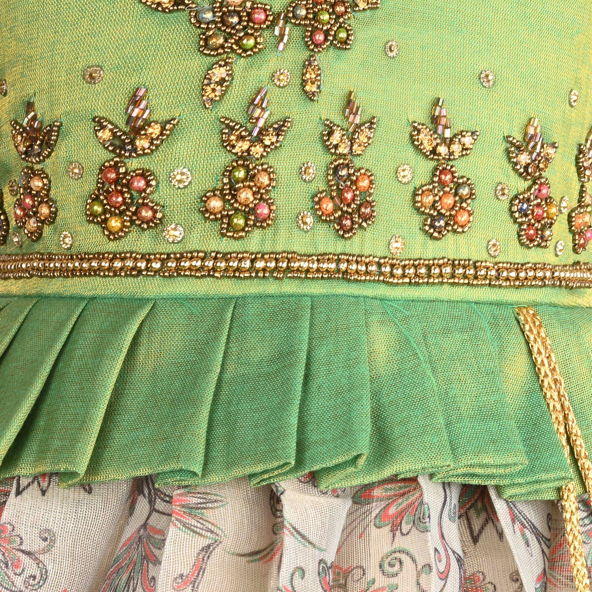 Girls Floral Art Silk with Puff Sleeves & Bead Work Festive Dress
