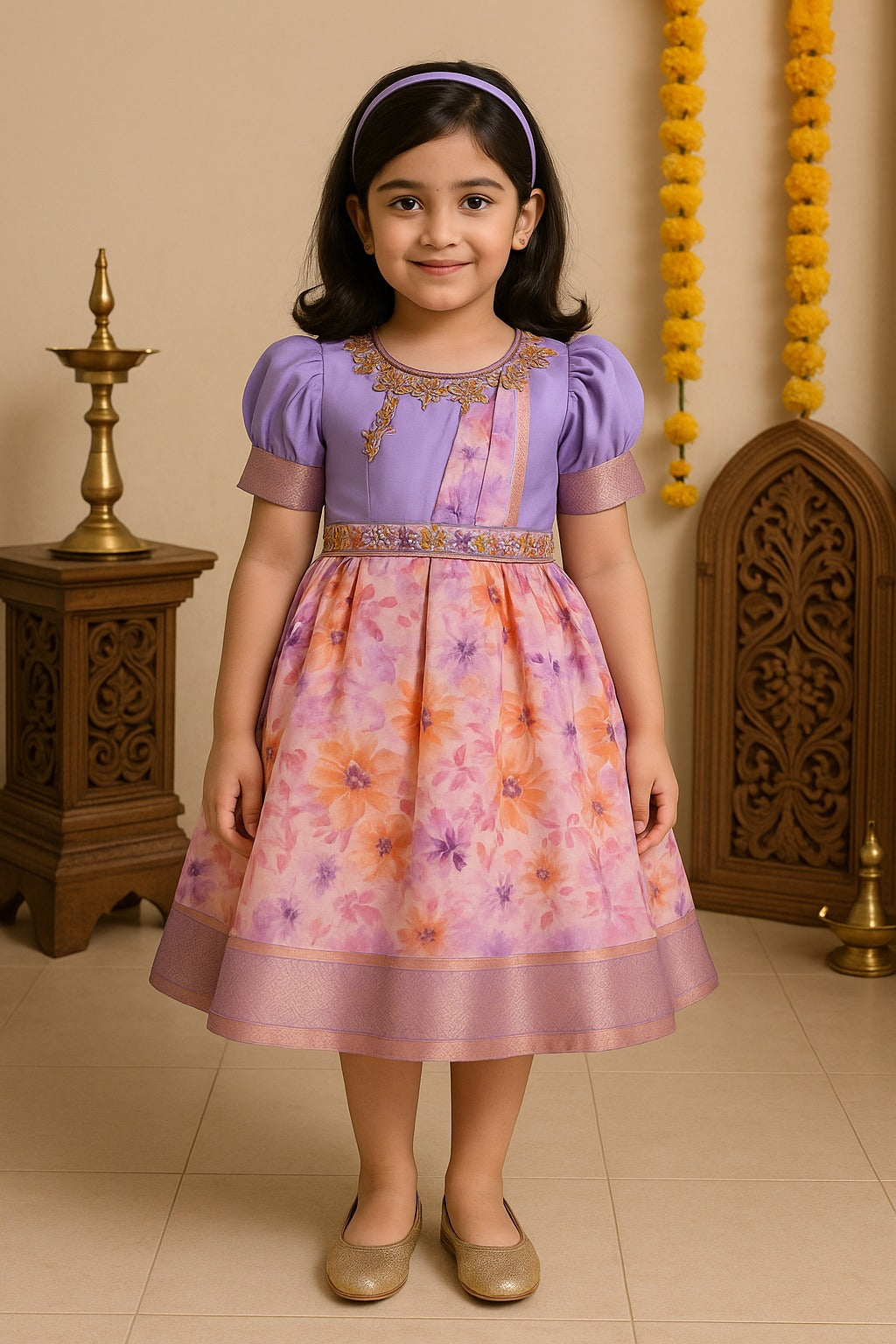 Girls Floral Print Bead Embellished Stylish Ethnic Dress