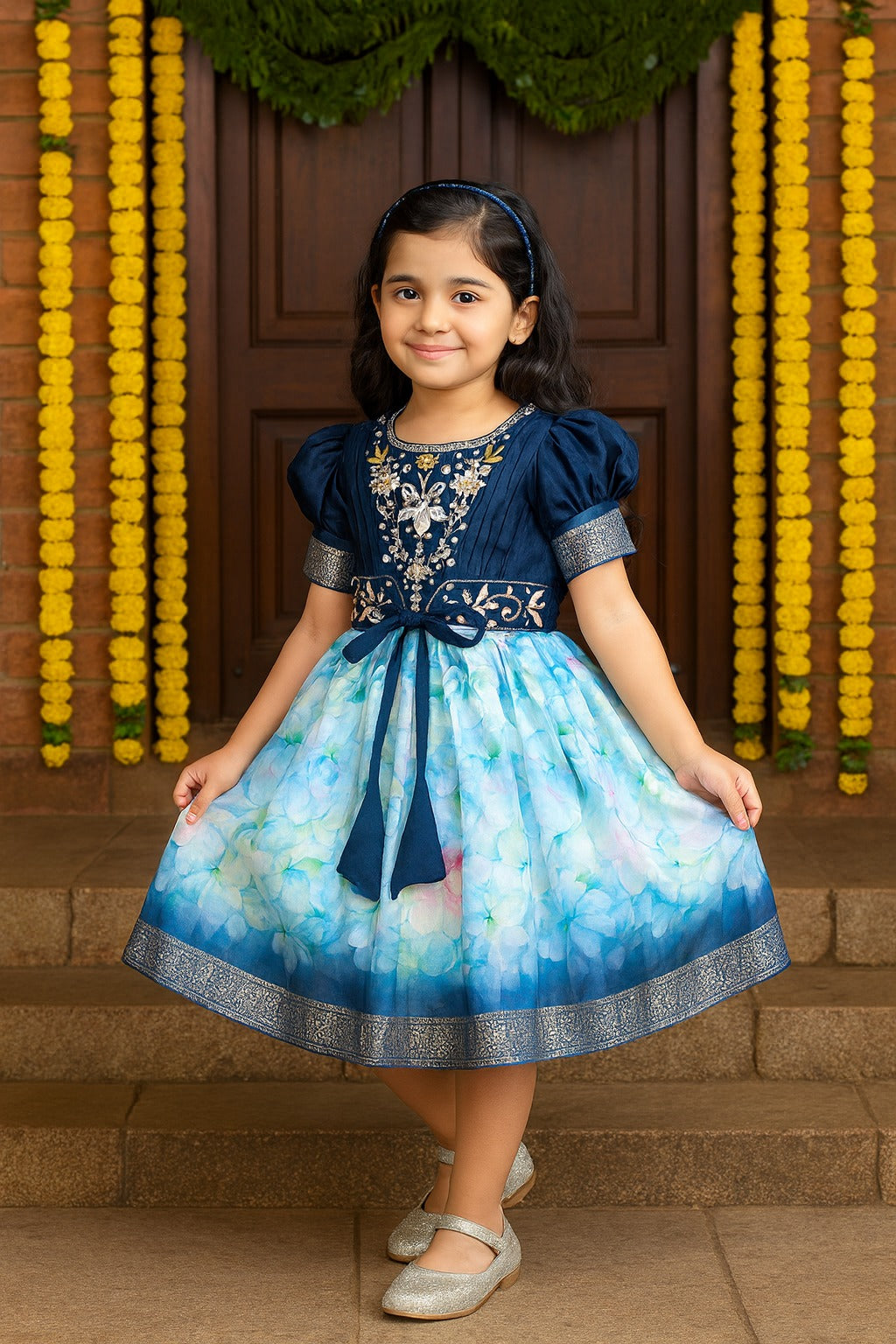 Girls Bead Embellished Floral Zari Ethnic Dress fep3530