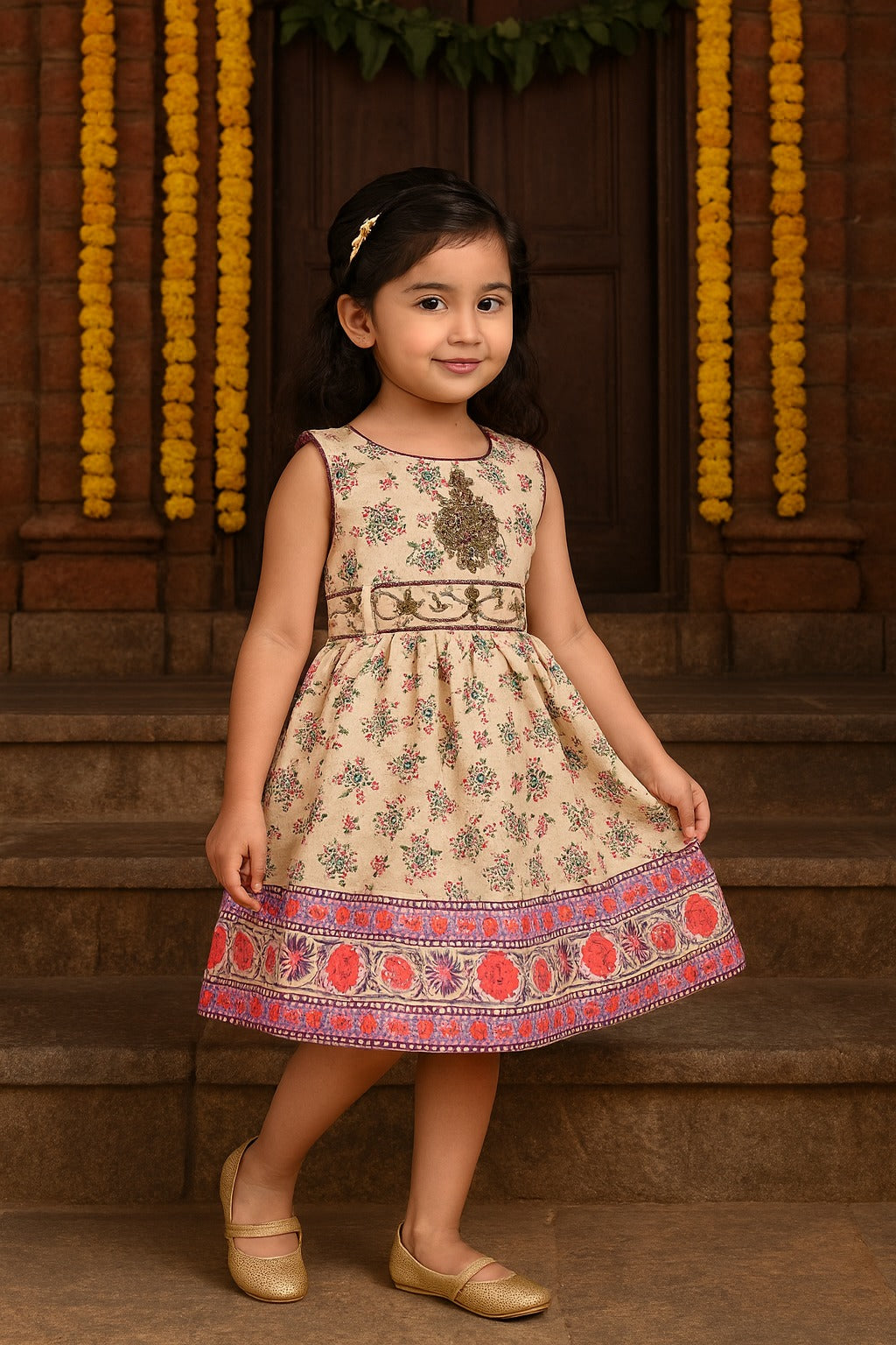 Girls Bead Embellished Floral Ethnic Dress fe3545