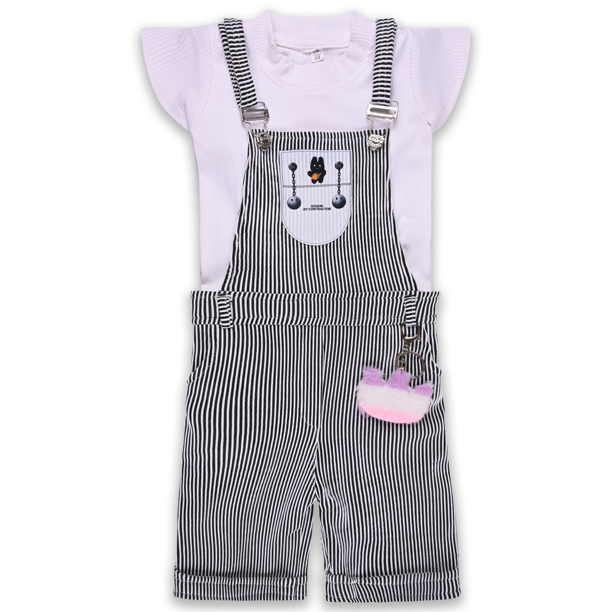 Girls Stylish Top and Striped Dungaree Set
