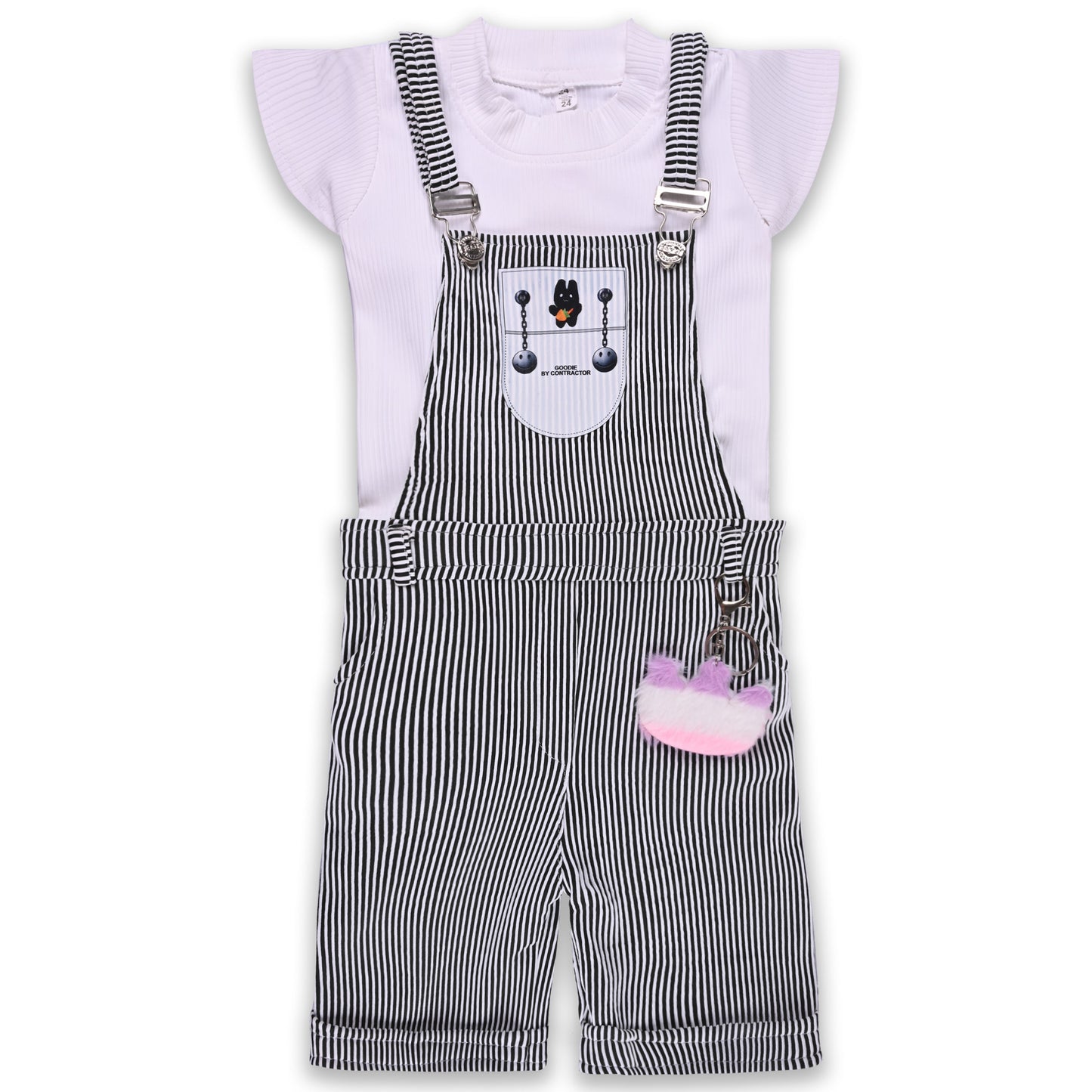 Girls Stylish Top and Striped Dungaree Set