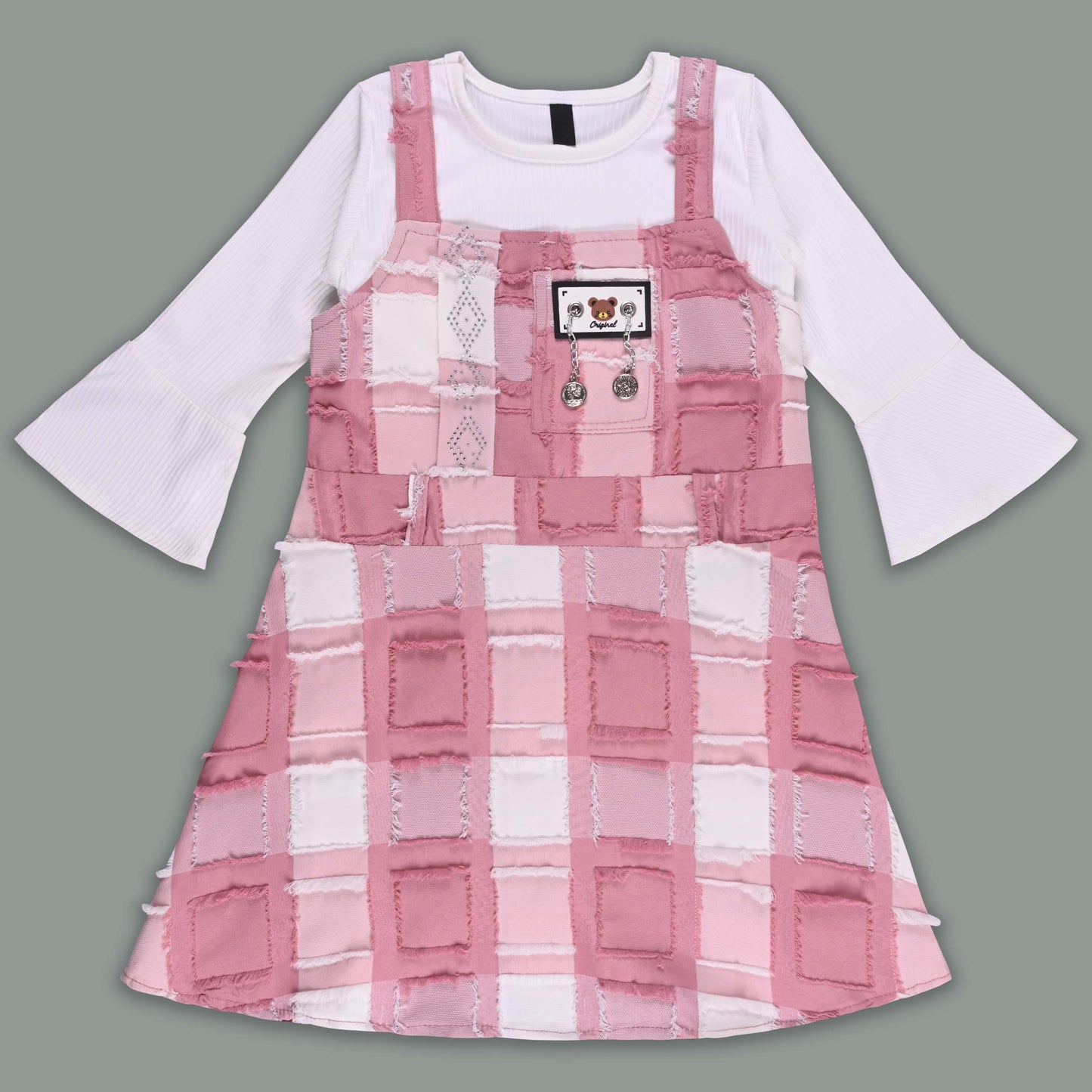 Girls Checkered Texture Flared Top with Dungaree