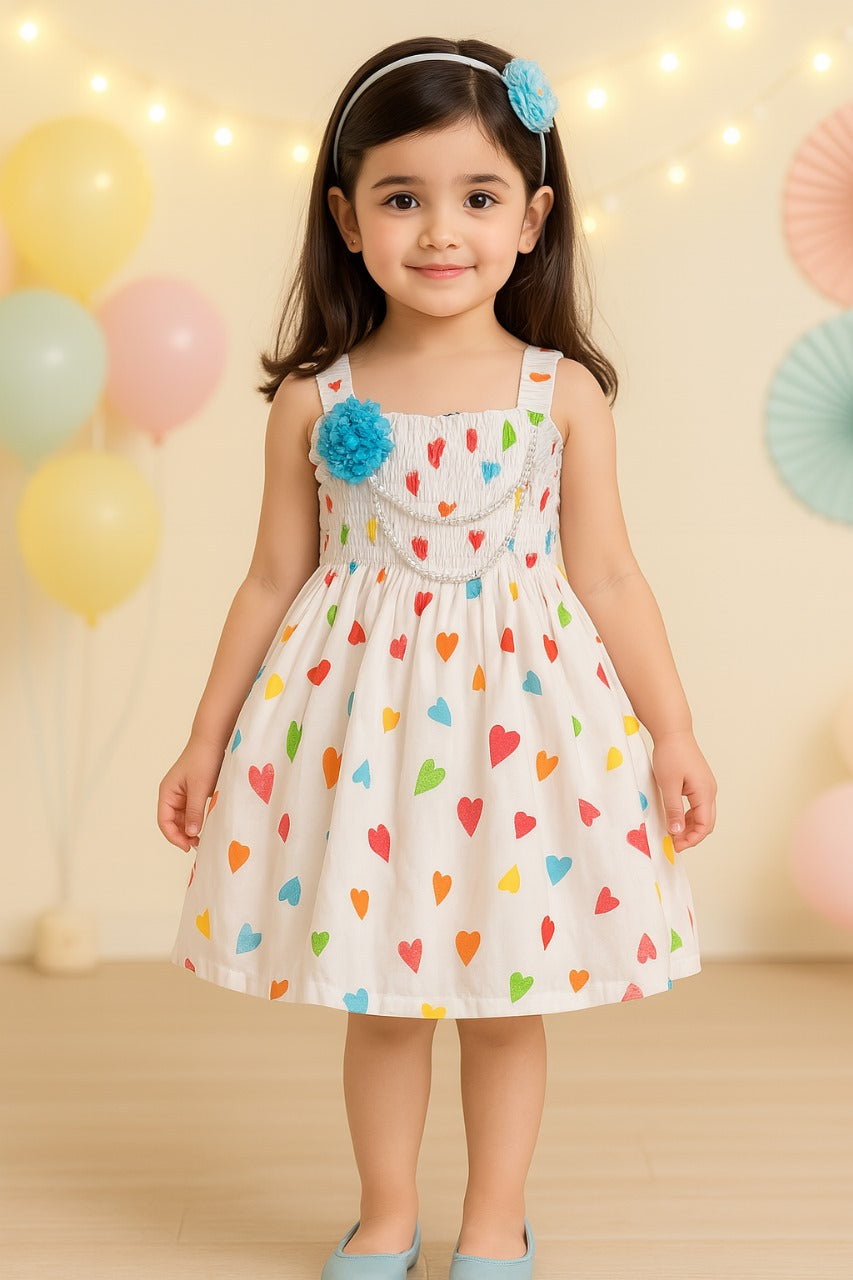 Girls Heart Print Smocking Casual Dress