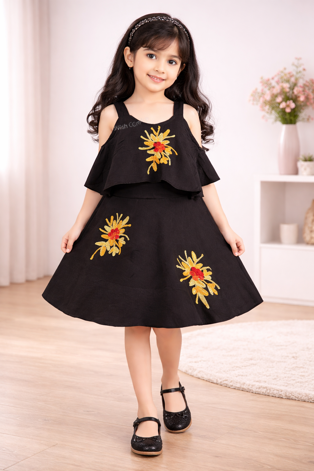 Girls Embroidered A-line Strap Neck dress