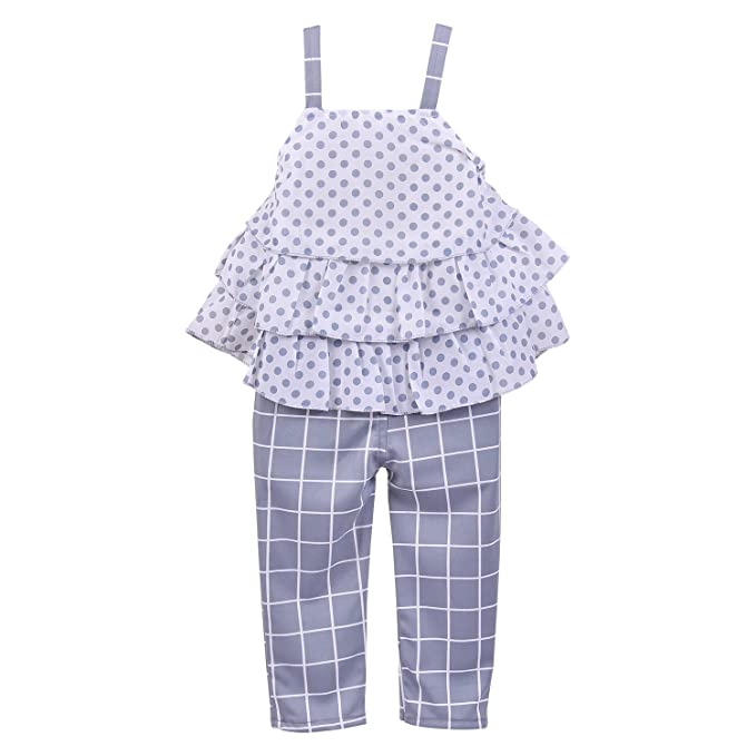 Girls Polka Dot Layered Top and Checkered Pants Set