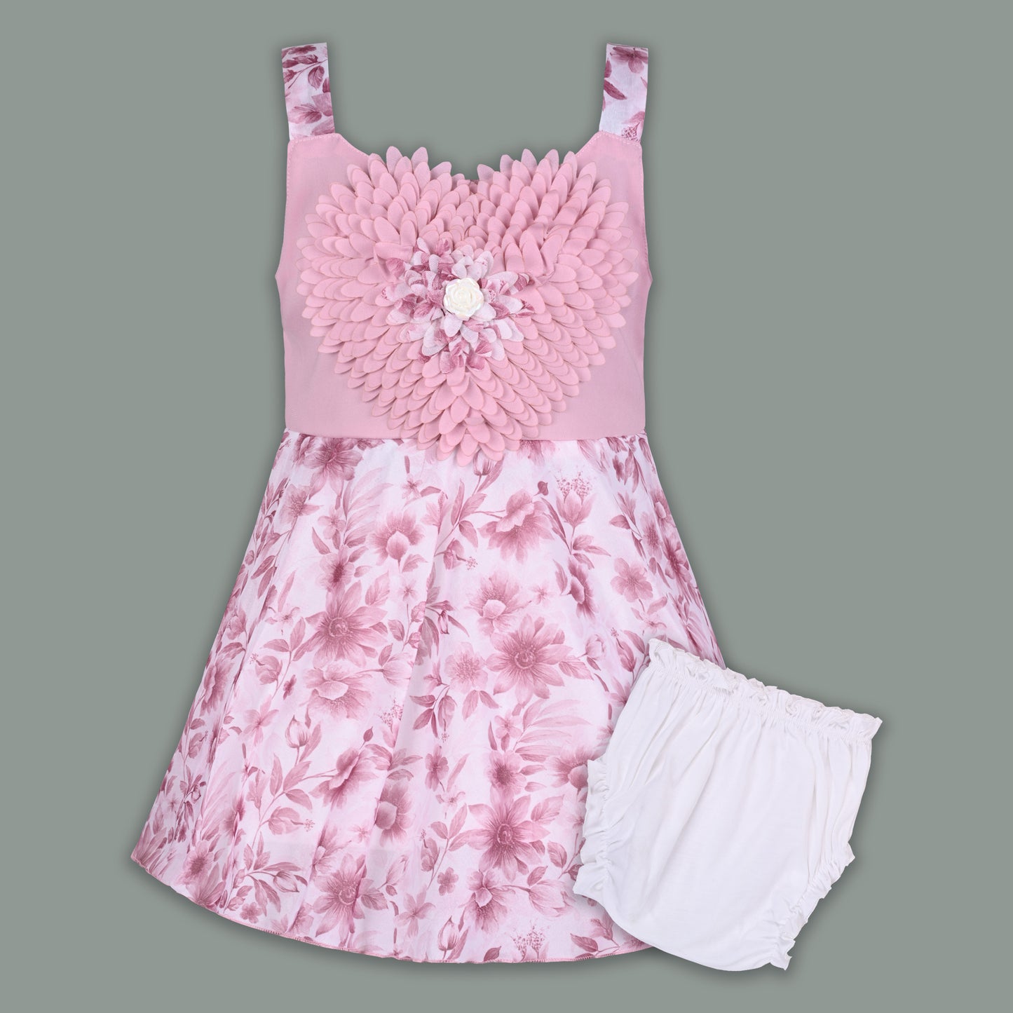 Baby Girl Georgette Floral Party Dress with 3D Heart Design & Bloomer