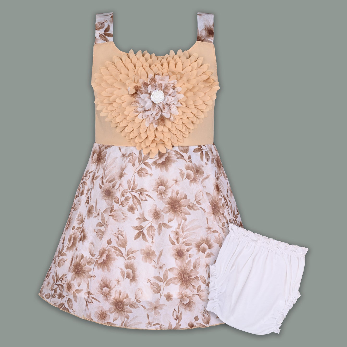 Baby Girl Georgette Floral Party Dress with 3D Heart Design & Bloomer
