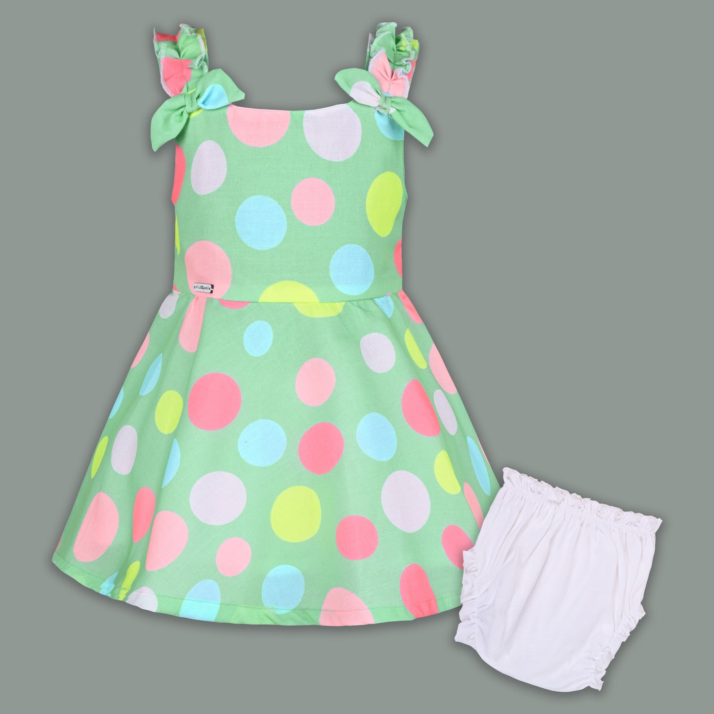 Baby Girl Polka Dot Frock with Colorful Print & Bloomers – Party Wear Dress for Kids