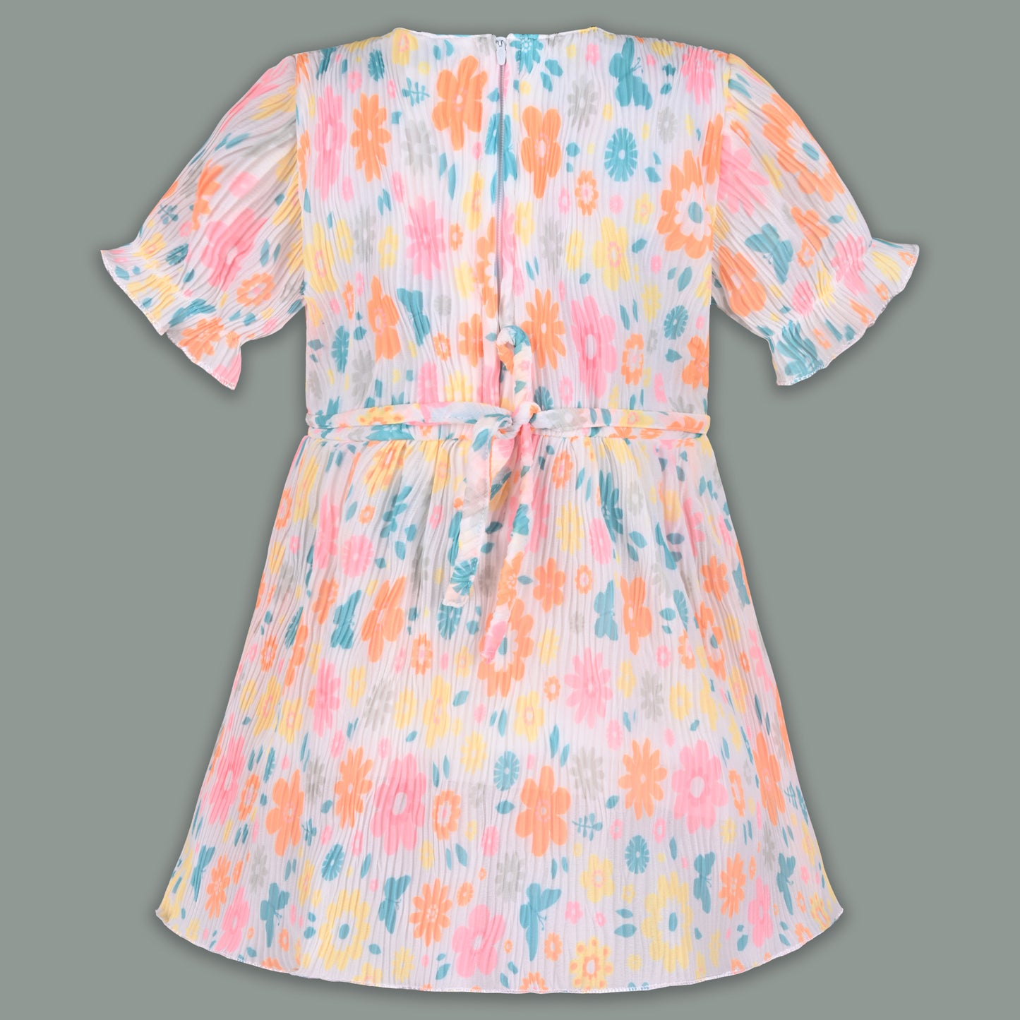 Baby Girl Georgette Floral Print Frock with Puff Sleeves & Bloomers – Party Wear Dress for Kids