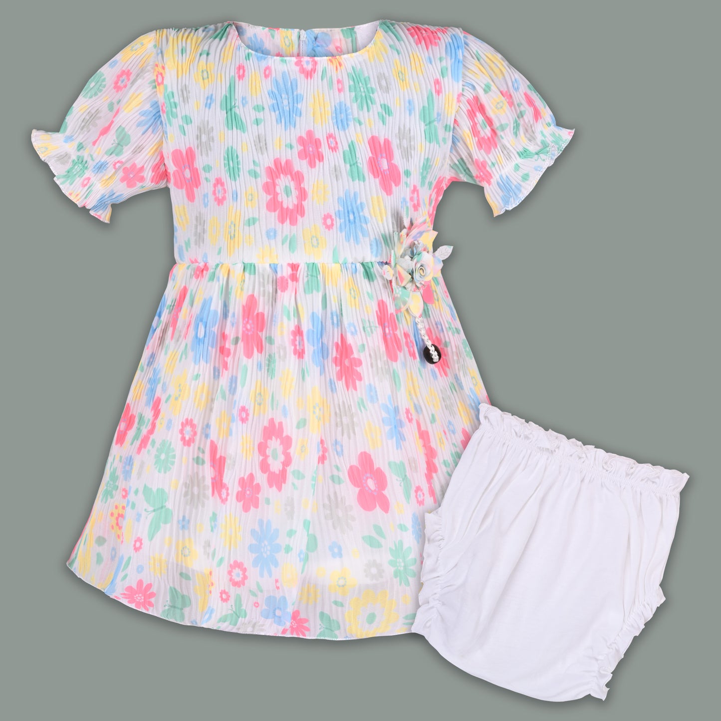 Baby Girl Georgette Floral Print Frock with Puff Sleeves & Bloomers – Party Wear Dress for Kids