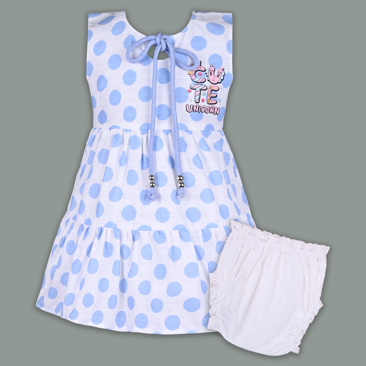 Baby Girl Satin Polka Dot Frock with Cute Unicorn Patch & Bloomers – Party Wear Dress for Kids