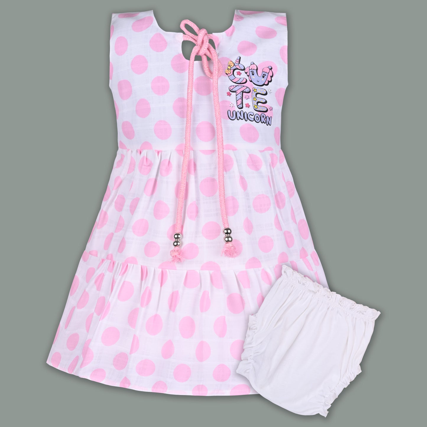 Baby Girl Satin Polka Dot Frock with Cute Unicorn Patch & Bloomers – Party Wear Dress for Kids