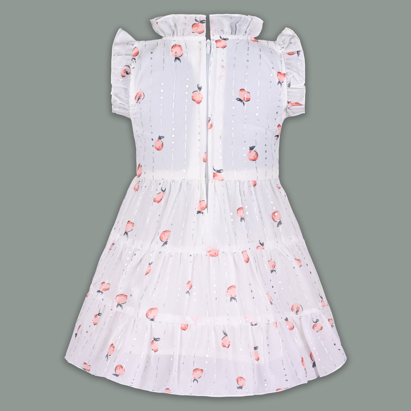 Baby Girl Georgette White Frock with Peach Print & Bloomers – Party Wear Dress for Kids