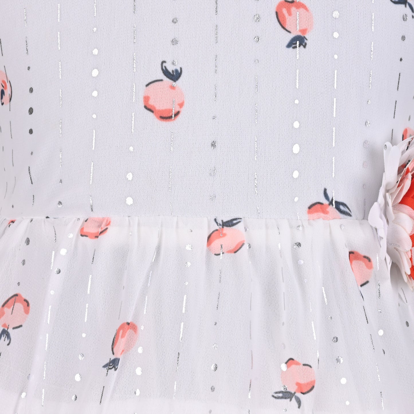 Baby Girl Georgette White Frock with Peach Print & Bloomers – Party Wear Dress for Kids