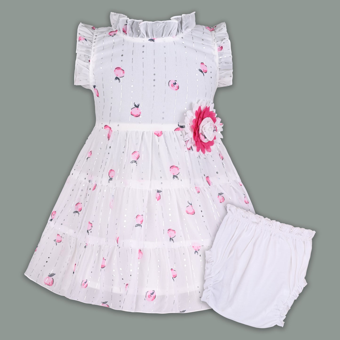 Baby Girl Georgette White Frock with Peach Print & Bloomers – Party Wear Dress for Kids